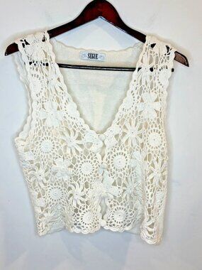 VTG Segue Crochet Vest Sz M-see note Ivory Boho Festival Cottagecore 90s